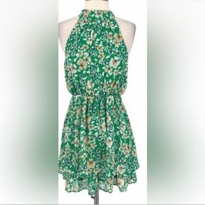 Green floral halter mini dress